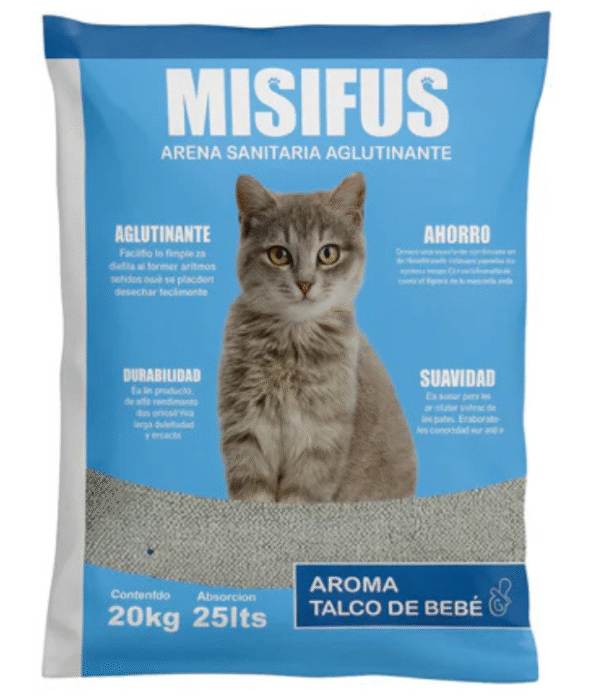 Arena Sanitaria Aglutinante Misifus Aroma Talco de Bebe 20kg
